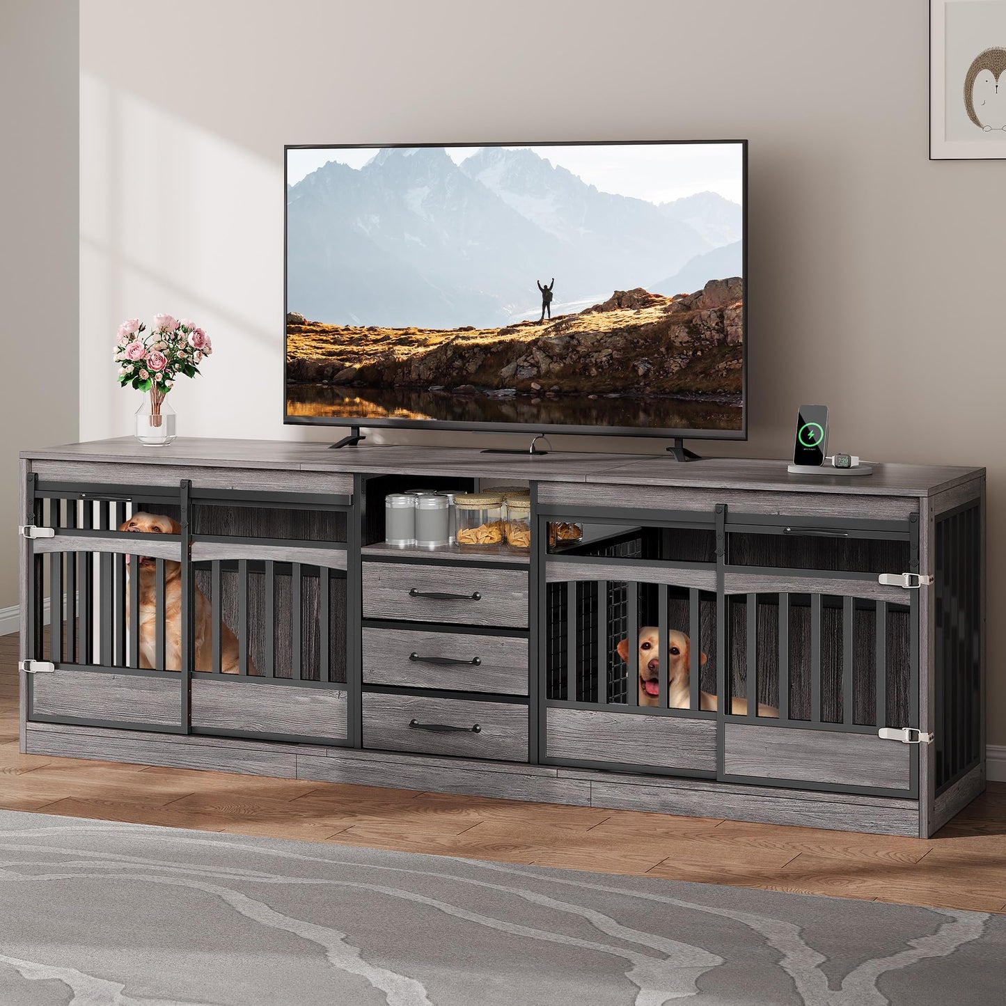 Double Dog Crate Furniture with Storage Drawers TV Stand Kennel