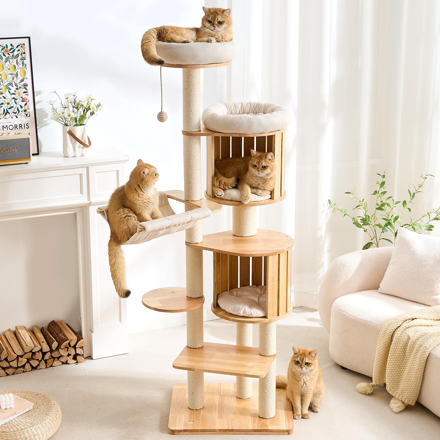 Solid Wood Cat Tree Tower 53 Inch Scratching Post Capsule Bed