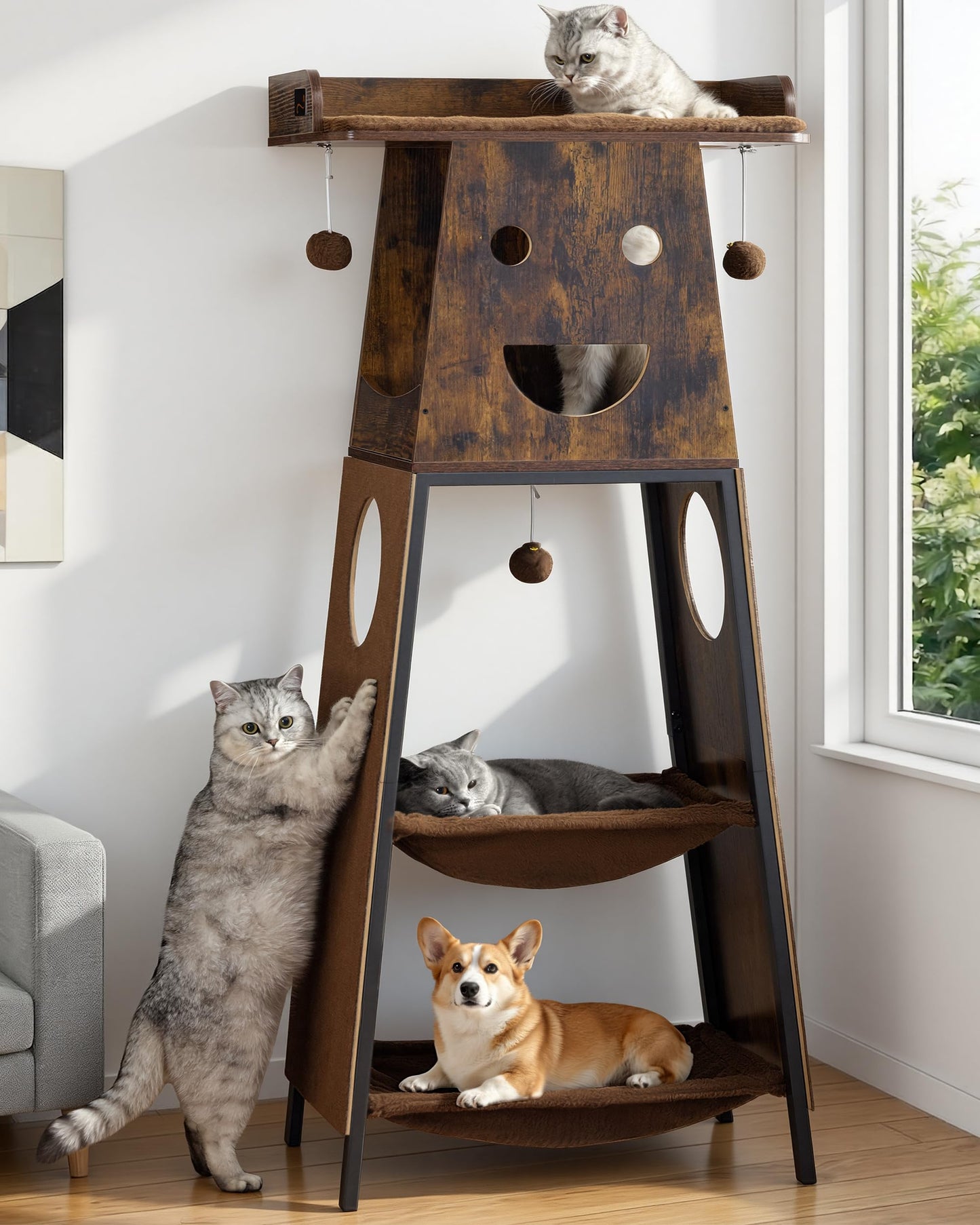 Modern Wood Cat Tree Tall Multi Level Cat Tower Perch Bed