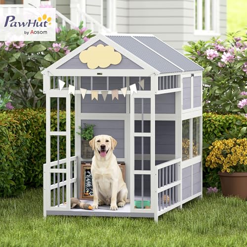 PawHut Dog House Outdoor Indoor, 79" x 41" x 63" Wooden Dog Shelter with Porch, Storage Cabinet, Weatherproof Roof, Elevated Floor, Air Vents & Observation Windows, Large Pet Shelter for Large Breeds