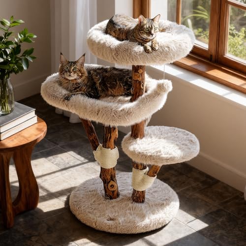 Solid Wood Cat Tree Tall Condo Scratching Post Large Cats