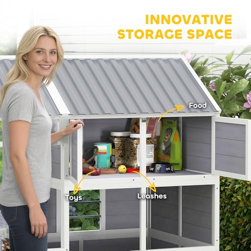 PawHut Dog House Outdoor Indoor, 79" x 41" x 63" Wooden Dog Shelter with Porch, Storage Cabinet, Weatherproof Roof, Elevated Floor, Air Vents & Observation Windows, Large Pet Shelter for Large Breeds