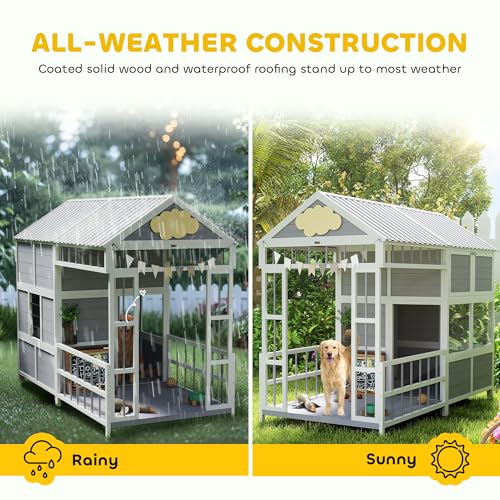 PawHut Dog House Outdoor Indoor, 79" x 41" x 63" Wooden Dog Shelter with Porch, Storage Cabinet, Weatherproof Roof, Elevated Floor, Air Vents & Observation Windows, Large Pet Shelter for Large Breeds