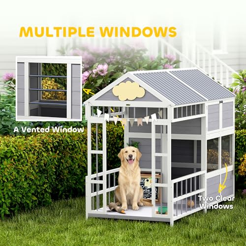 PawHut Dog House Outdoor Indoor, 79" x 41" x 63" Wooden Dog Shelter with Porch, Storage Cabinet, Weatherproof Roof, Elevated Floor, Air Vents & Observation Windows, Large Pet Shelter for Large Breeds