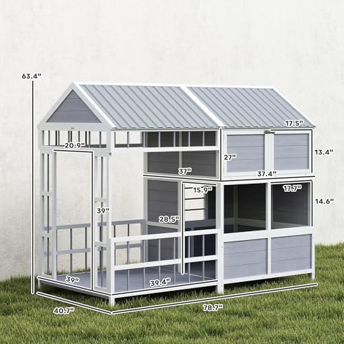 PawHut Dog House Outdoor Indoor, 79" x 41" x 63" Wooden Dog Shelter with Porch, Storage Cabinet, Weatherproof Roof, Elevated Floor, Air Vents & Observation Windows, Large Pet Shelter for Large Breeds
