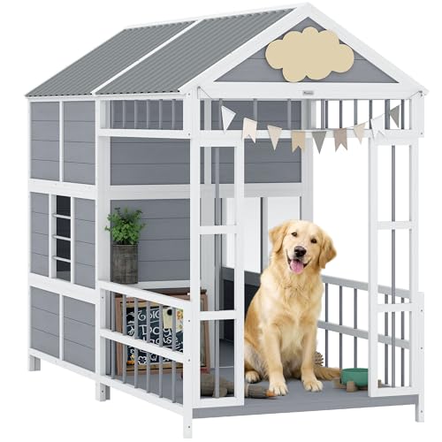 PawHut Dog House Outdoor Indoor, 79" x 41" x 63" Wooden Dog Shelter with Porch, Storage Cabinet, Weatherproof Roof, Elevated Floor, Air Vents & Observation Windows, Large Pet Shelter for Large Breeds