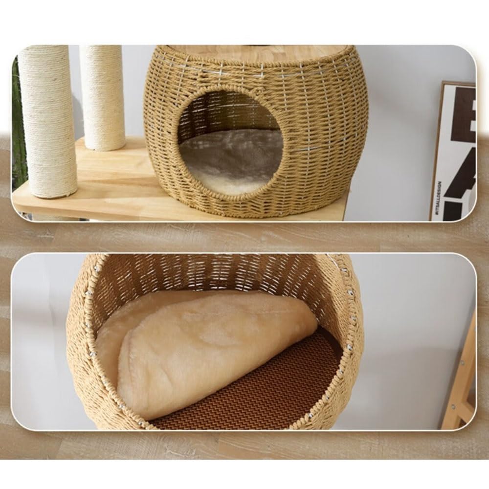 Rattan Cat Tree Tower Scratching Post Hammock Capsule Bed Toy
