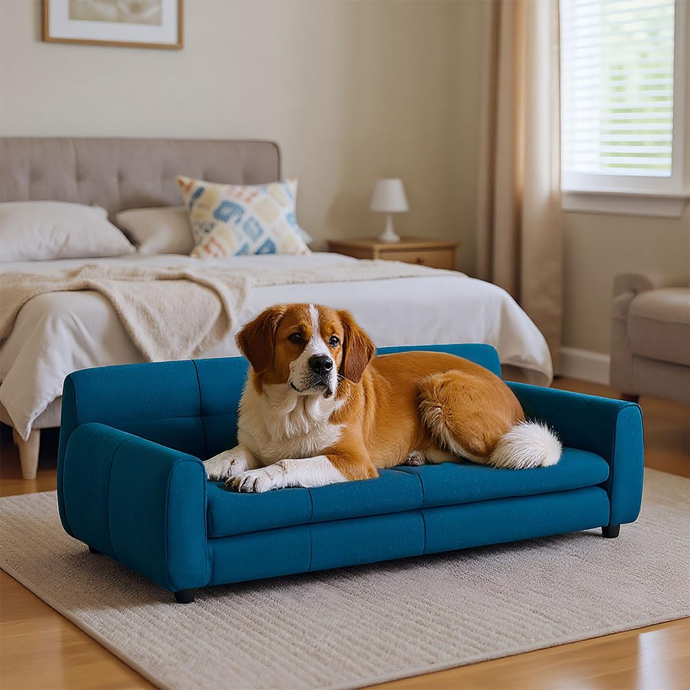38" Large Dog Sofa Bed, Elevated Dog Bed with Backrest and Armrests, Soft Memory Foam Couches for Large and Medium-Sized Pets, Durable Linen Pet Couch Furniture, Beige