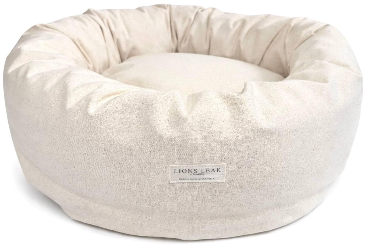 LIONS LEAK Round Dog Bed – Natural Canvas, Removable Washable Cover, Raw Cotton or Latex Fill, Hypoallergenic Non-Toxic, Made in USA