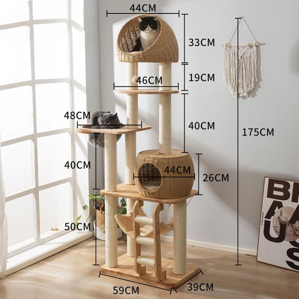 Rattan Cat Tree Tower Scratching Post Hammock Capsule Bed Toy