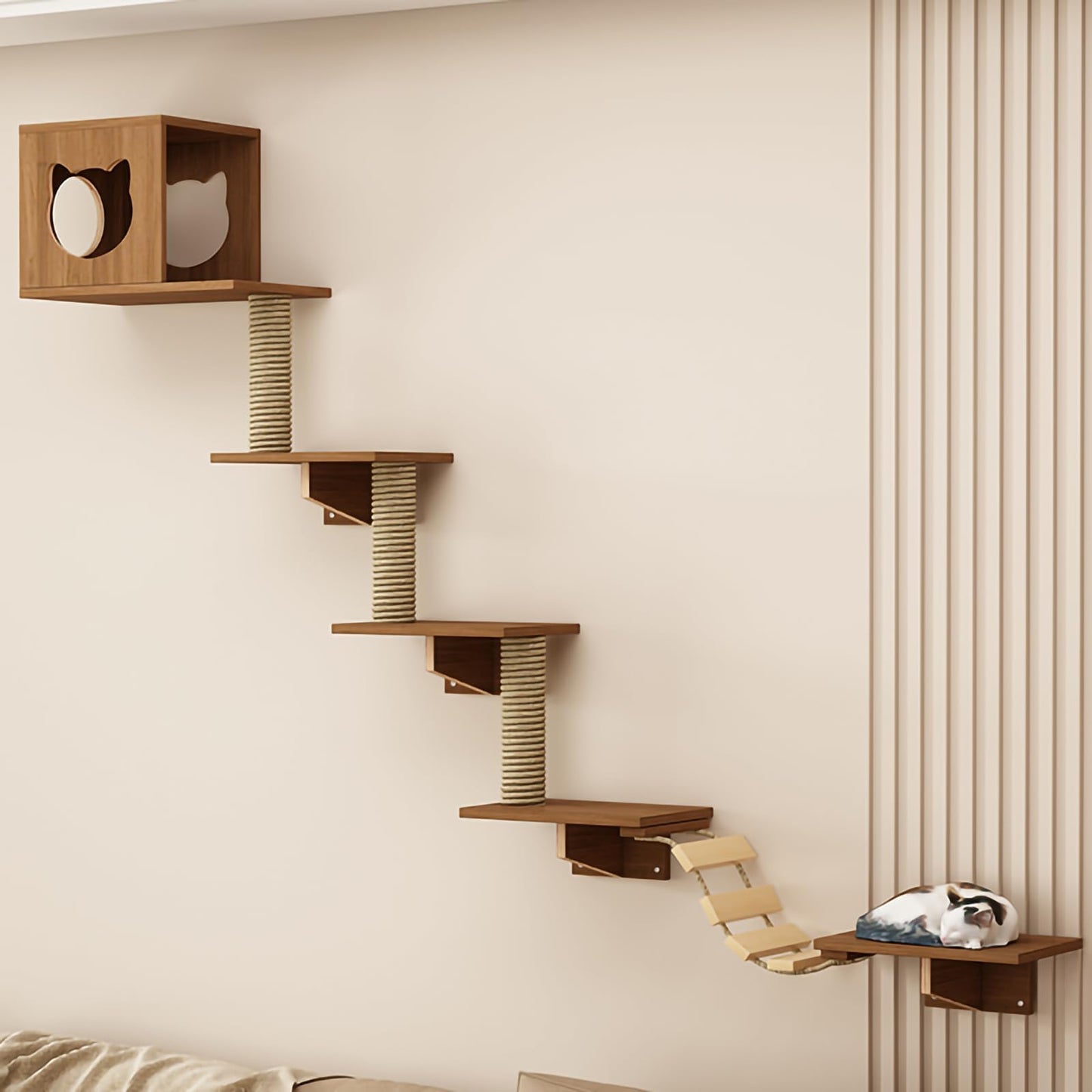 Large Cat Wall Shelves Climbing Set House Ladder Scratcher Wood