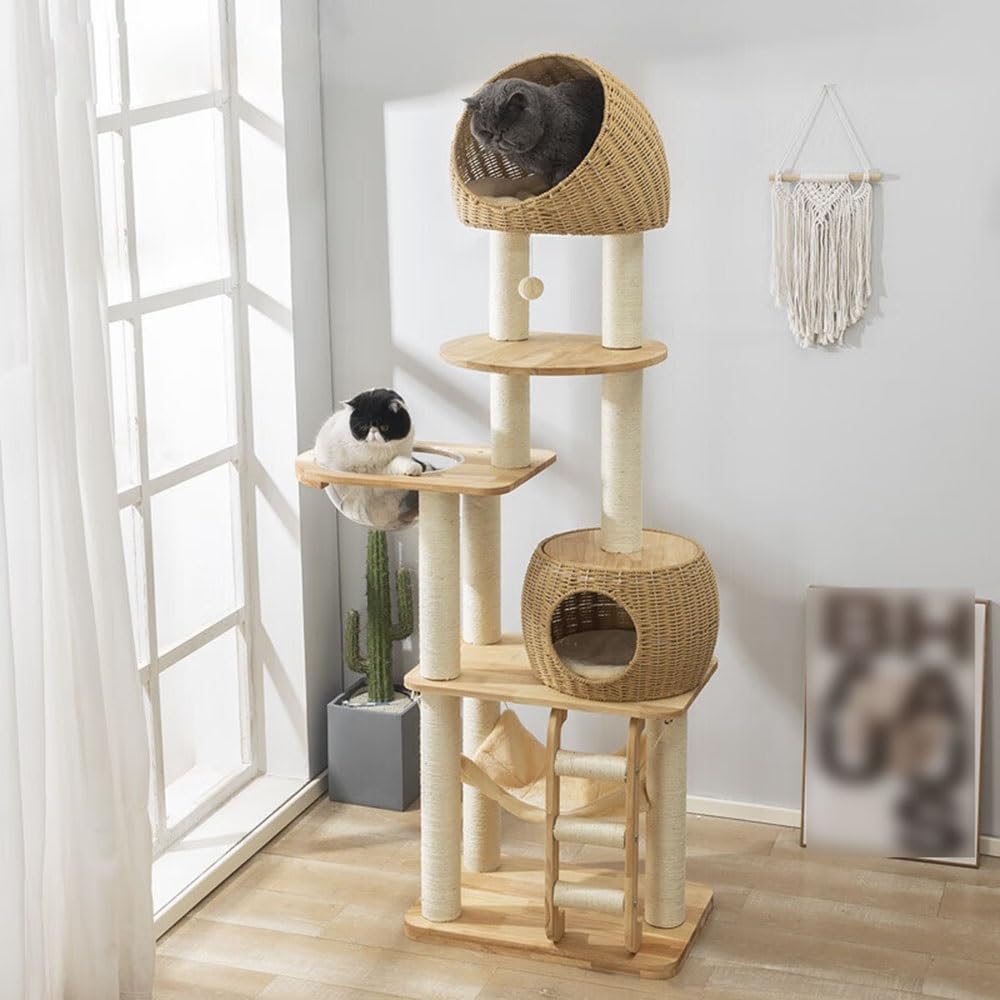 Rattan Cat Tree Tower Scratching Post Hammock Capsule Bed Toy