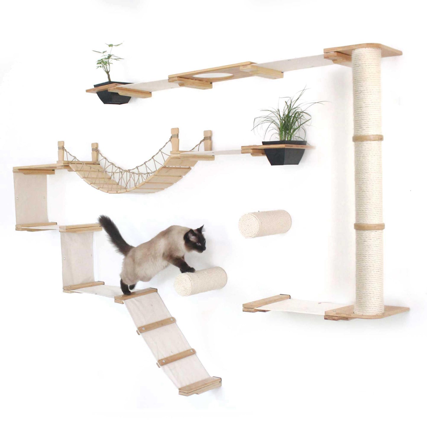 Natural Bamboo Canvas Cat Wall Furniture Set Modern Condo