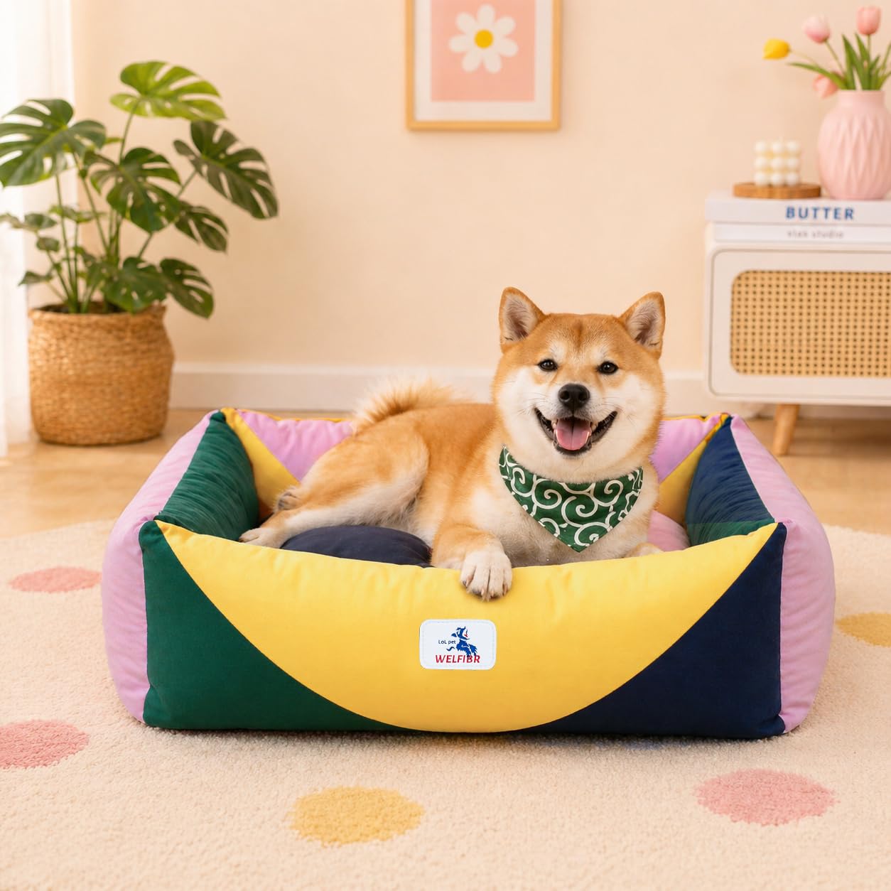Welfibr Cotton Canvas Dog Bed, Cute Dog Beds, Puppy Bed with Washable Removable Cover, Durable 290 GSM Cotton Anti-Chewing Pet Bed with Anti-Slip Bottom