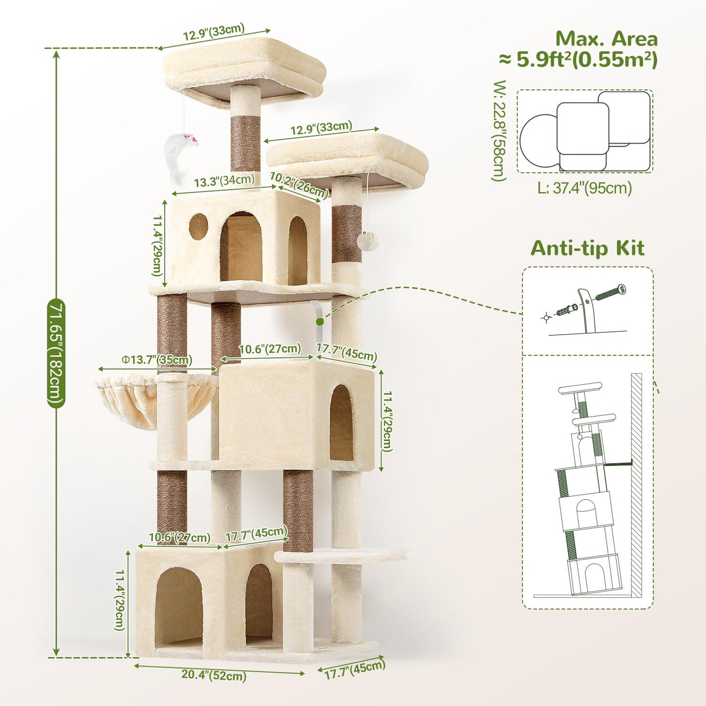 70 Inch Cat Tree Tower Scratching Post Hammock Condo