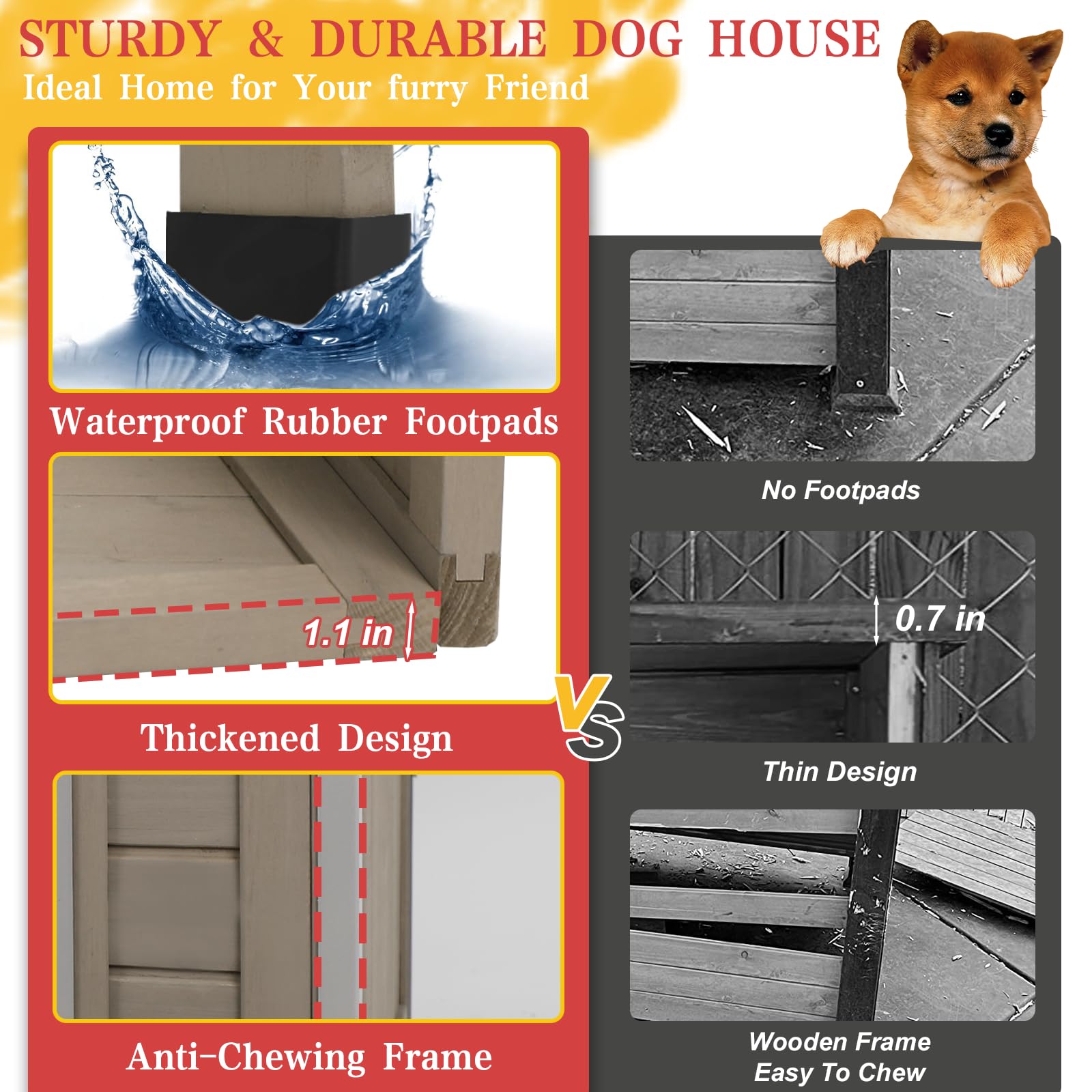 Ketive Outdoor Dog House with Removable Floor, Raised Feet, Anti-Chewing Iron Frame – Weatherproof Wooden Kennel with Roof, Movable Window for Indoor/Outdoor Use, Ideal for Dogs