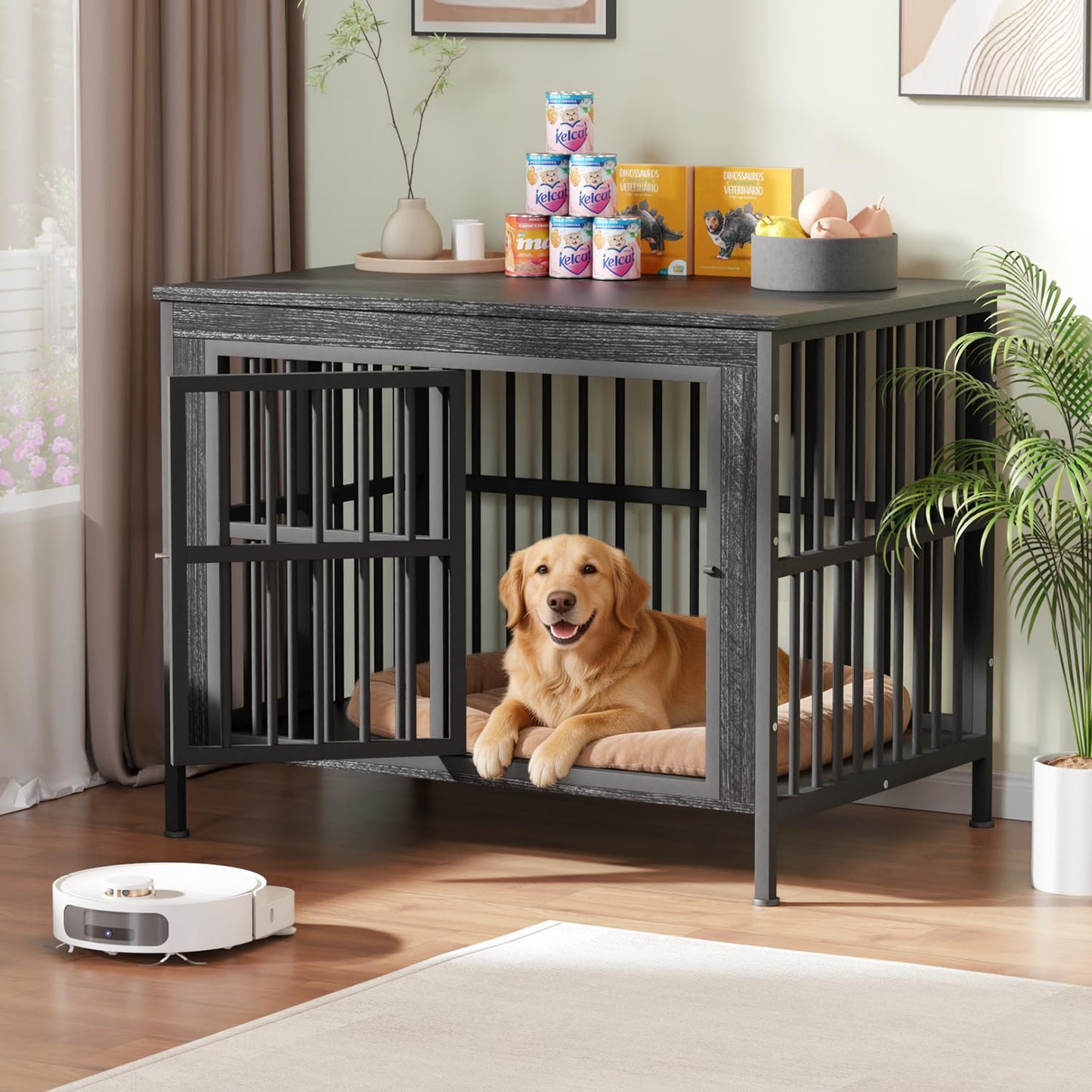 Double Dog Crate Furniture Large Wooden Kennel TV Stand Storage