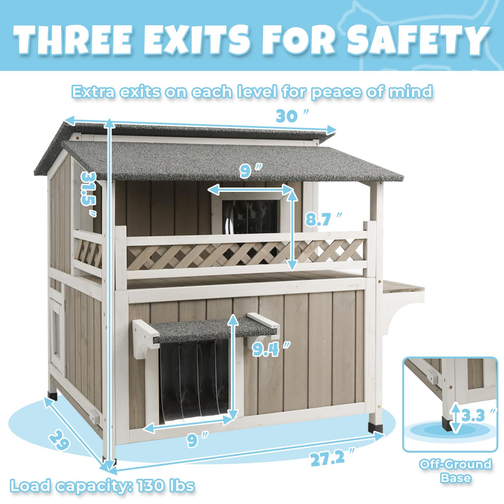 Pawbuilt Outdoor & Indoor Wooden Cat House, Weatherproof Two-Story Cat Shelter, Enclosed Multi-Level Cat Home for Cats