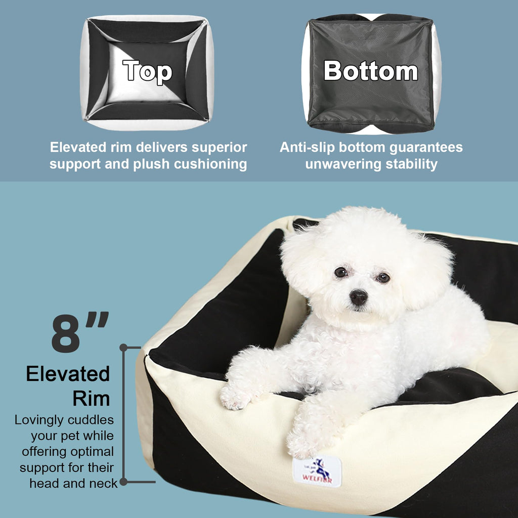 Welfibr Cotton Canvas Dog Bed, Cute Dog Beds, Puppy Bed with Washable Removable Cover, Durable 290 GSM Cotton Anti-Chewing Pet Bed with Anti-Slip Bottom