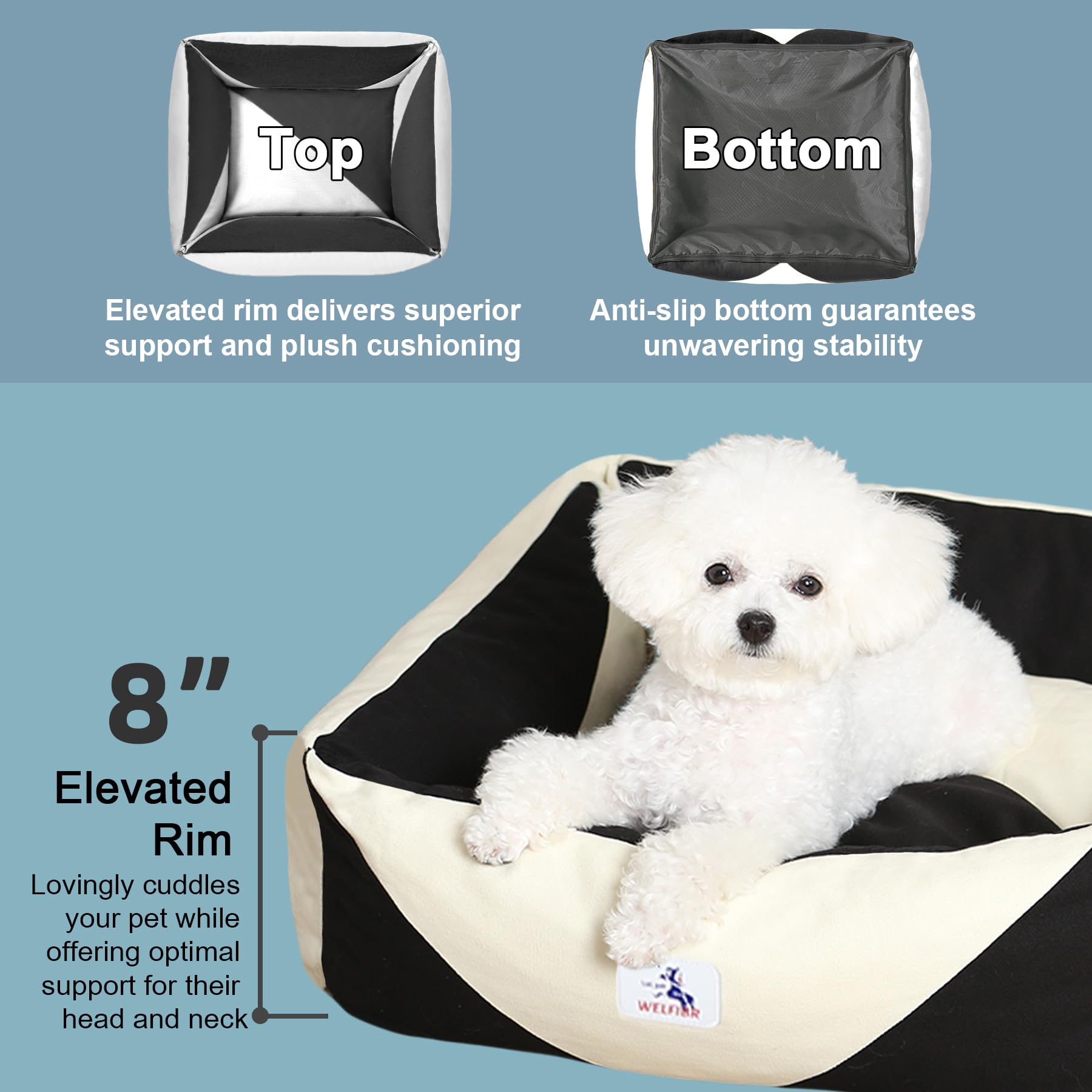 Welfibr Cotton Canvas Dog Bed, Cute Dog Beds, Puppy Bed with Washable Removable Cover, Durable 290 GSM Cotton Anti-Chewing Pet Bed with Anti-Slip Bottom