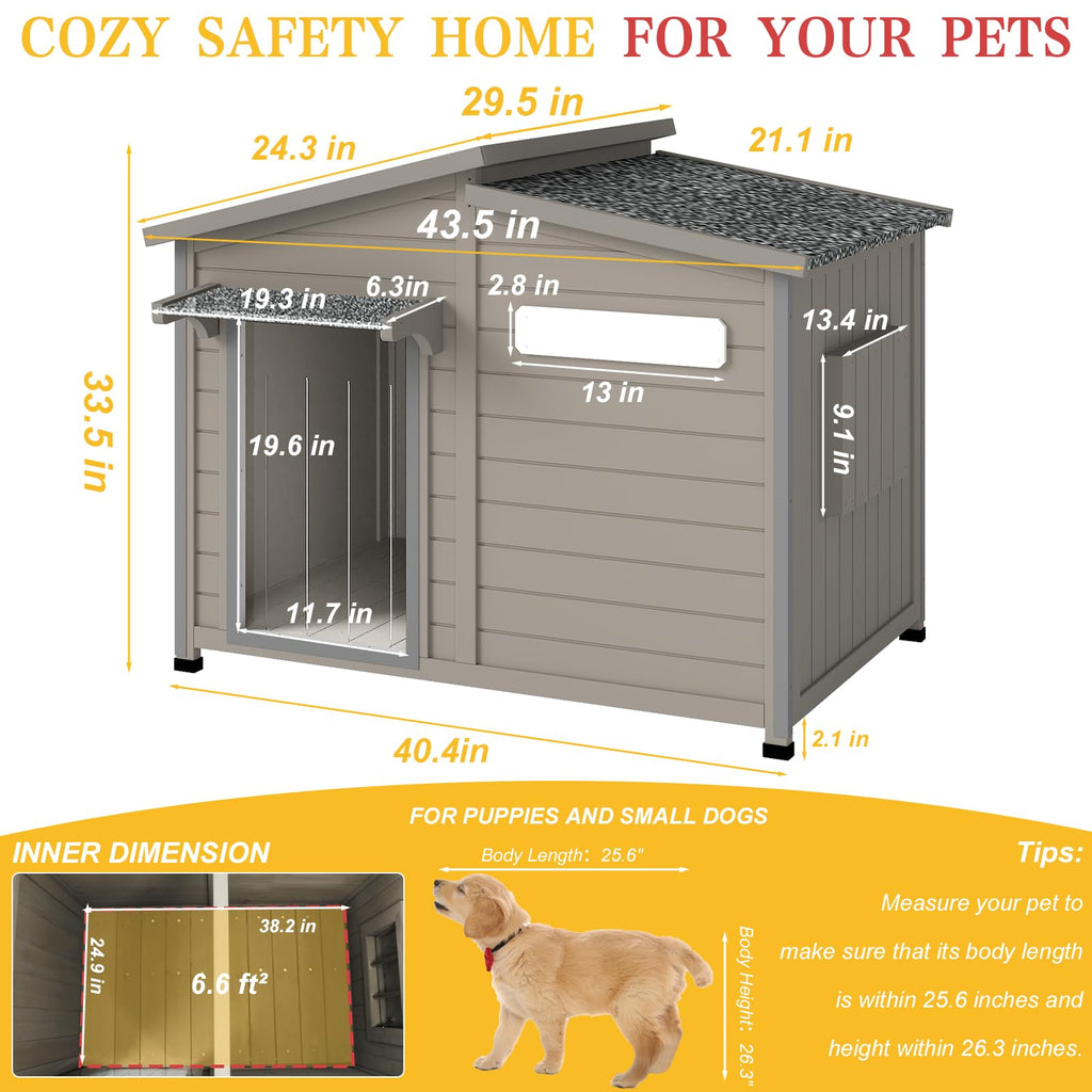 Ketive Outdoor Dog House with Removable Floor, Raised Feet, Anti-Chewing Iron Frame – Weatherproof Wooden Kennel with Roof, Movable Window for Indoor/Outdoor Use, Ideal for Dogs