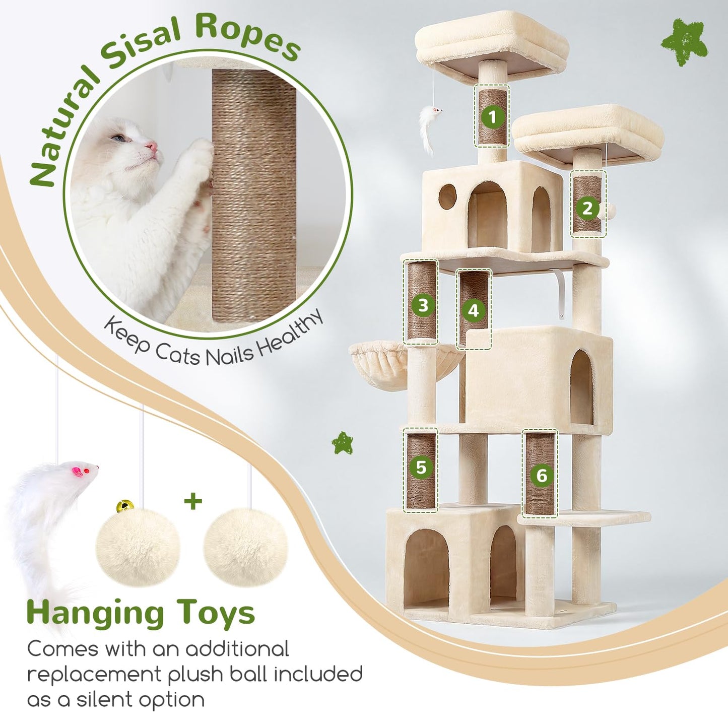 70 Inch Cat Tree Tower Scratching Post Hammock Condo
