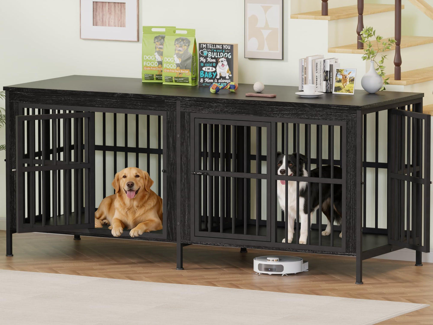 Double Dog Crate Furniture Large Wooden Kennel TV Stand Storage