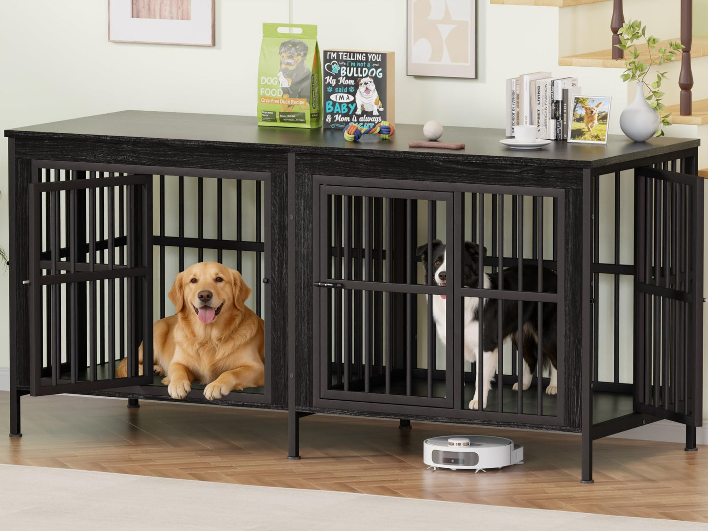 Double Dog Crate Furniture Large Wooden Kennel TV Stand Storage
