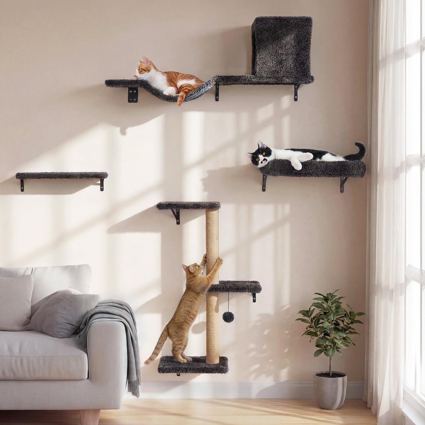 Wall Mounted Cat Shelves Climbing Set Scratcher Wood