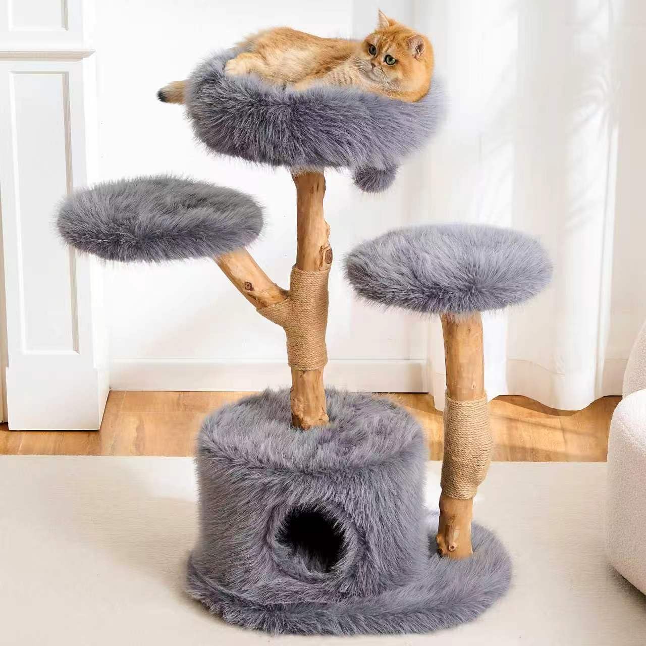 Solid Wood Cat Tree Tower Scratching Post Space Capsule Bed