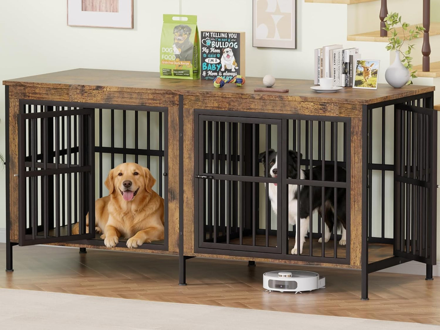 Double Dog Crate Furniture Large Wooden Kennel TV Stand Storage