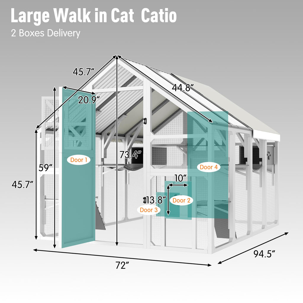 Merax 94.5 Inch Extra Large Catio Outdoor Cat Enclosure, Walk-in Outdoor Pet House for Multiple Cats, Patio Catio Cat Run Cage with Bridges, Weatherproof Roof, 8 Platforms & 2 Resting Box, White