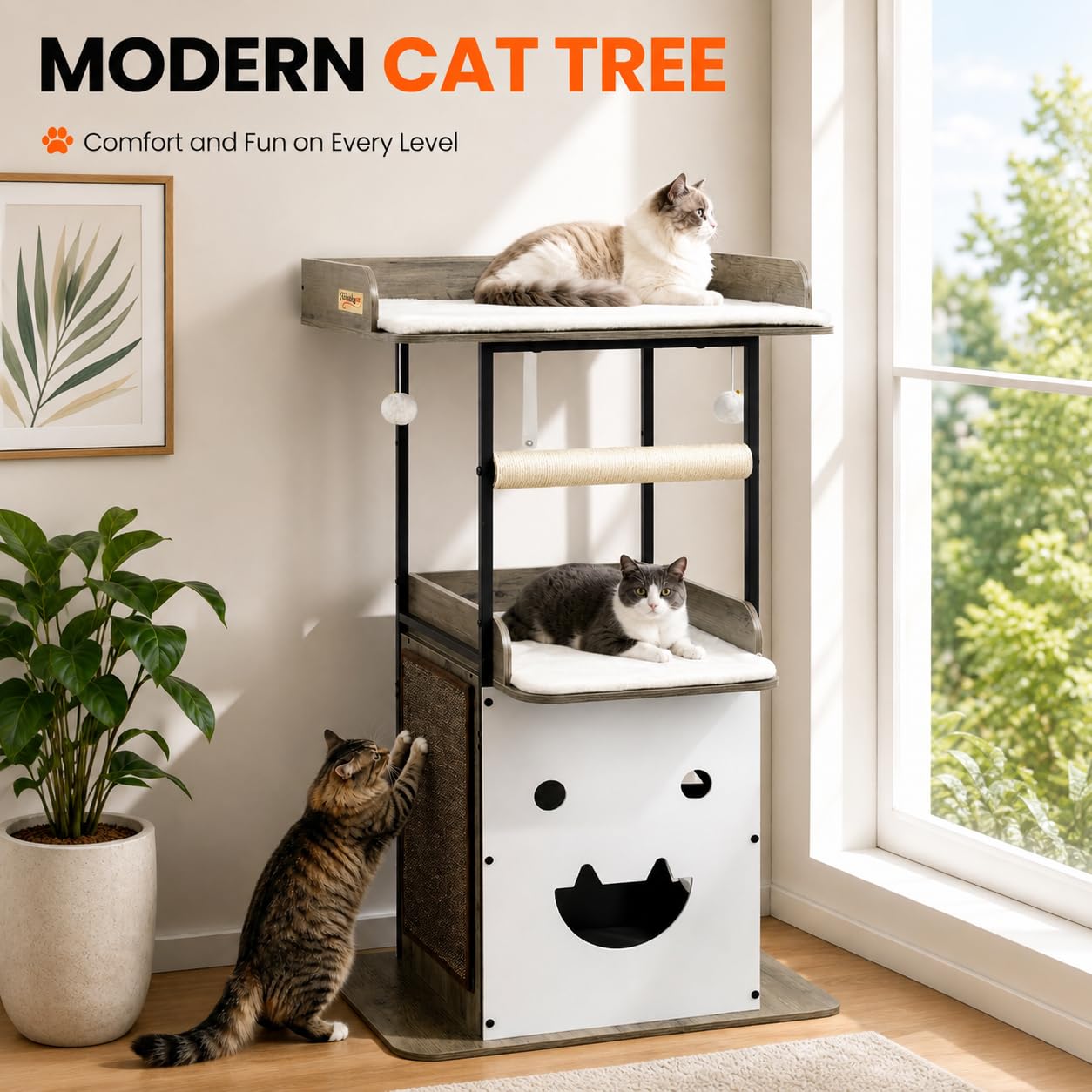 Modern Wood Cat Tree Tall Multi Level Cat Tower Perch Bed