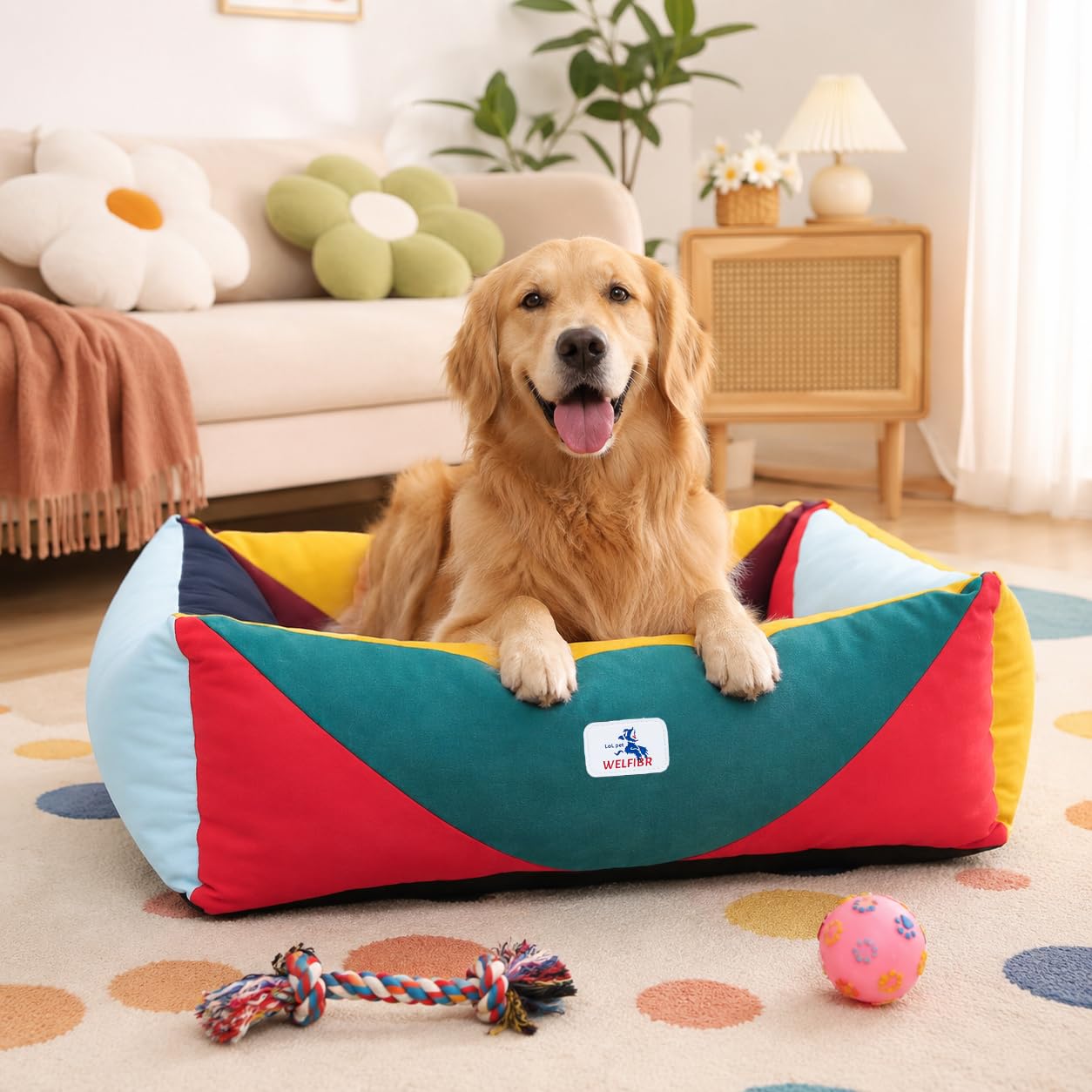Welfibr Cotton Canvas Dog Bed, Cute Dog Beds, Puppy Bed with Washable Removable Cover, Durable 290 GSM Cotton Anti-Chewing Pet Bed with Anti-Slip Bottom