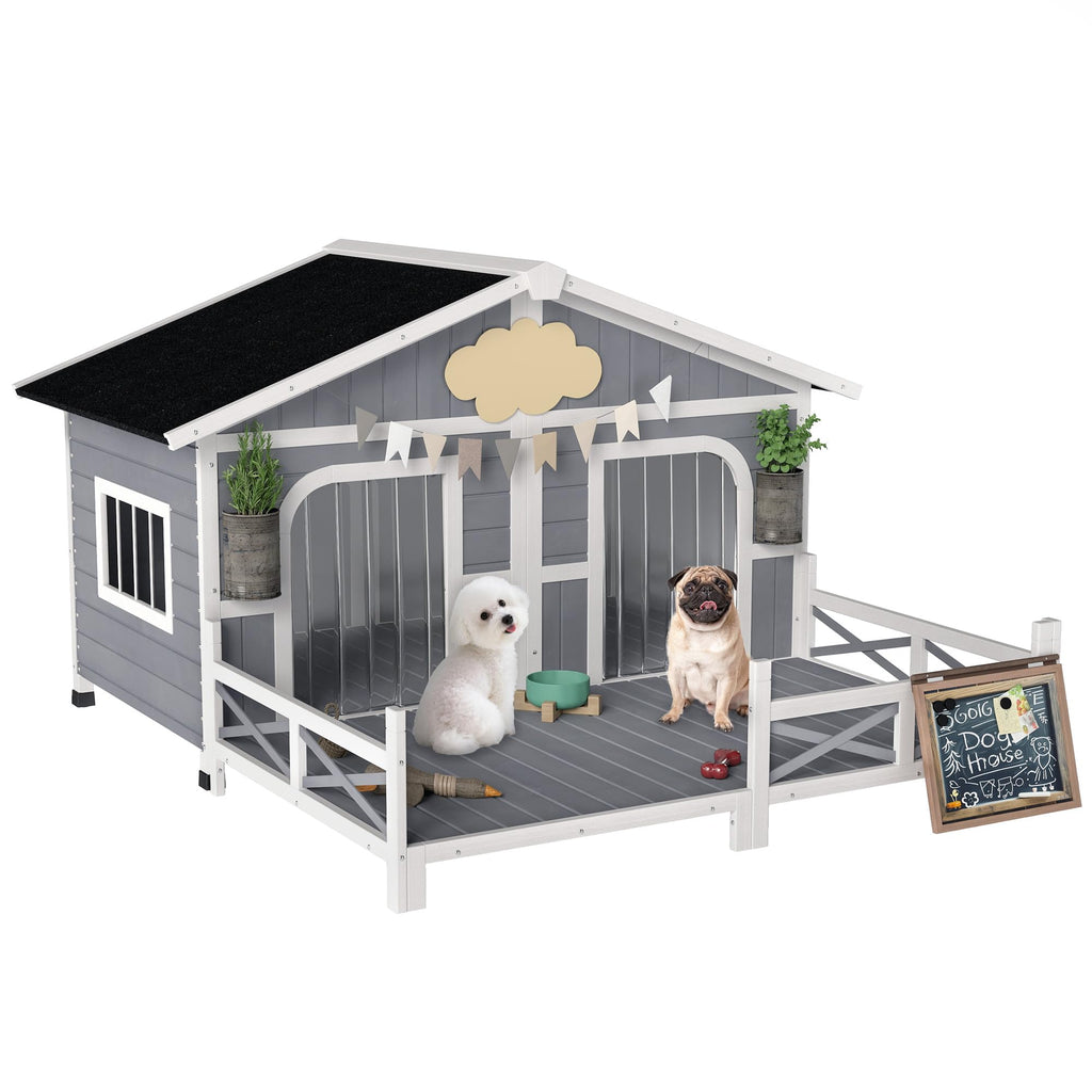 PawHut Dog House Outdoor, Wooden Dog Kennel Weatherproof with Porch, Openable Roof, Removable Bottom, Elevated Floor, Double Room for 2 Small to Medium Breeds