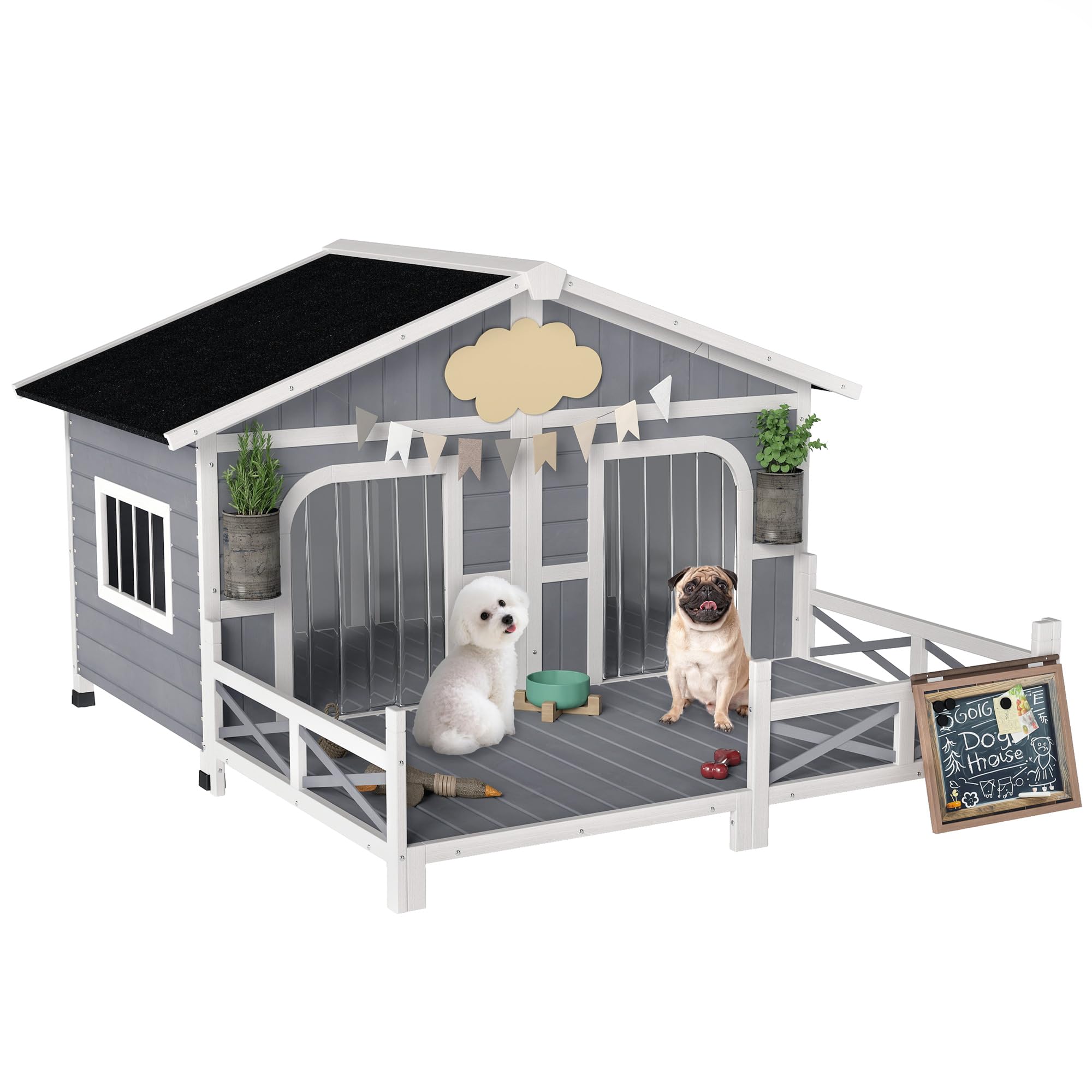 PawHut Dog House Outdoor, Wooden Dog Kennel Weatherproof with Porch, Openable Roof, Removable Bottom, Elevated Floor, Double Room for 2 Small to Medium Breeds