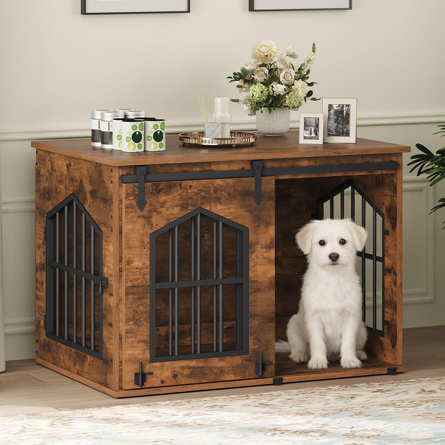 Farmhouse Dog Crate Furniture Sliding Barn Door Wooden Kennel