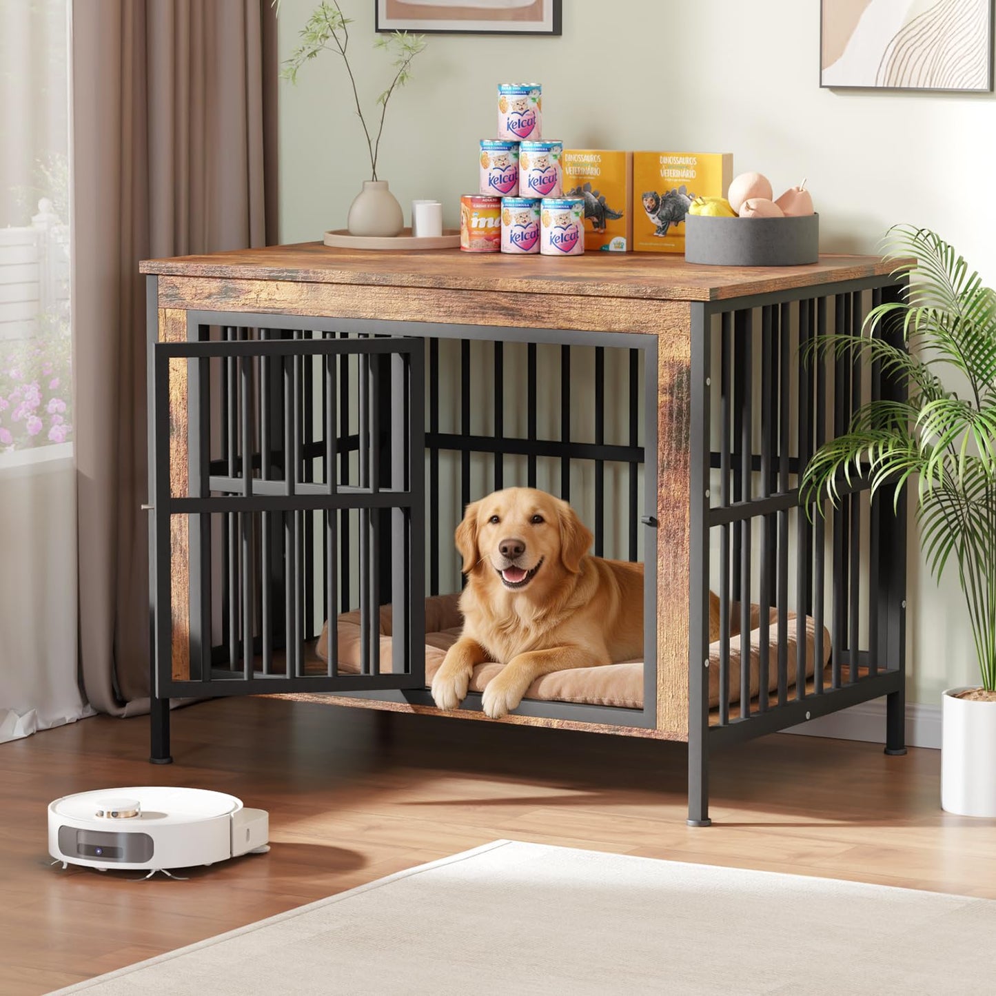Double Dog Crate Furniture Large Wooden Kennel TV Stand Storage