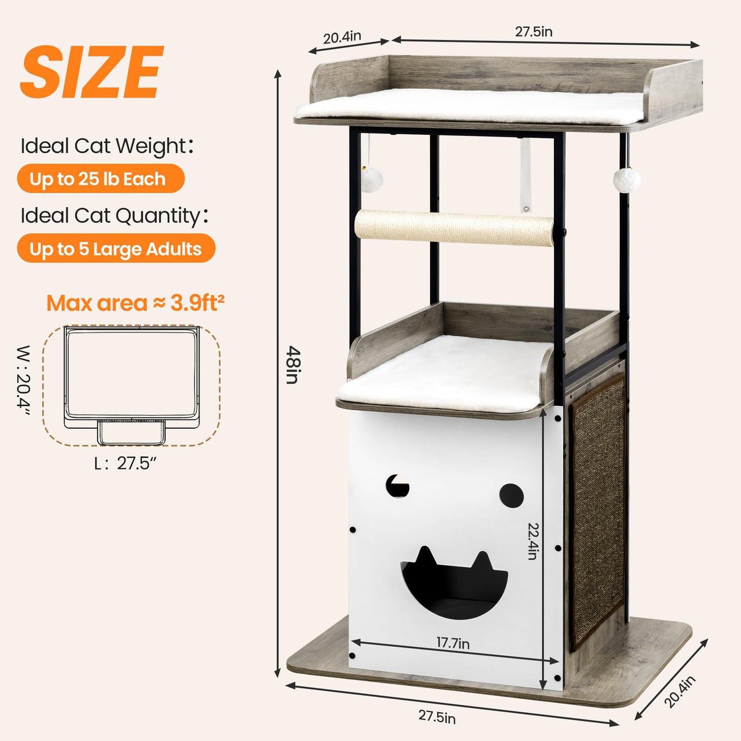 Modern Wood Cat Tree Tall Multi Level Cat Tower Perch Bed