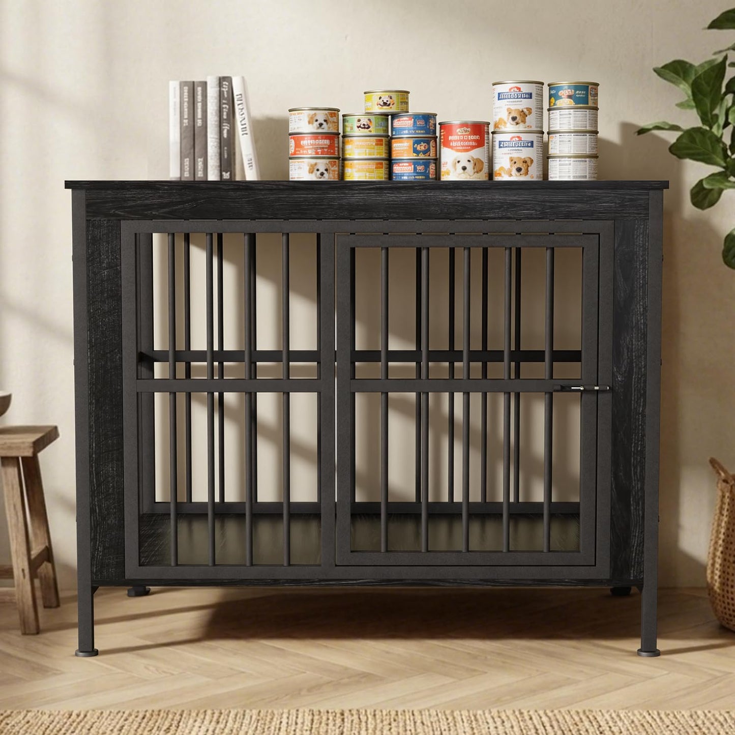 Double Dog Crate Furniture Large Wooden Kennel TV Stand Storage