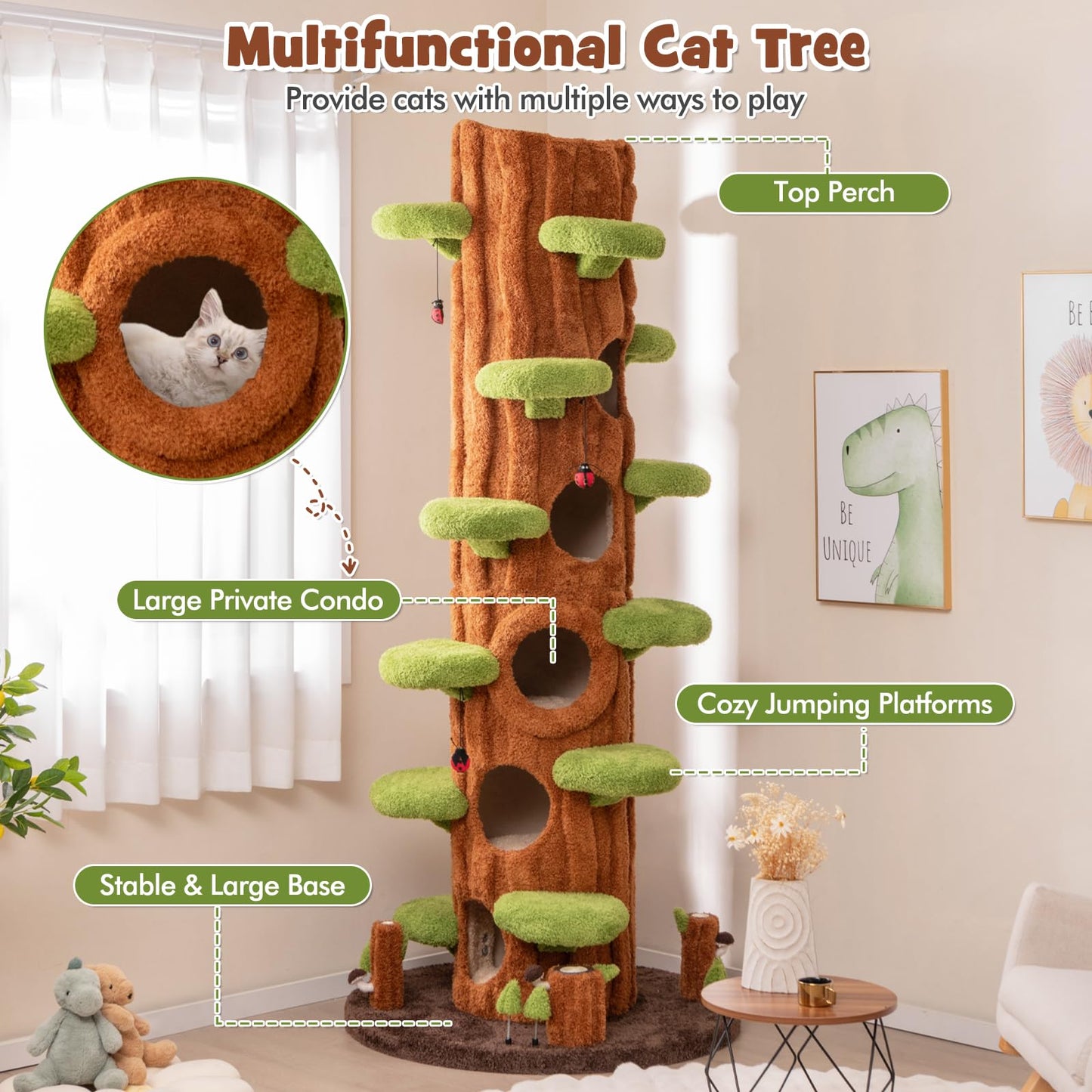 Tall Cat Tree Tower Sisal Scratching Condo Hanging Toys Indoor
