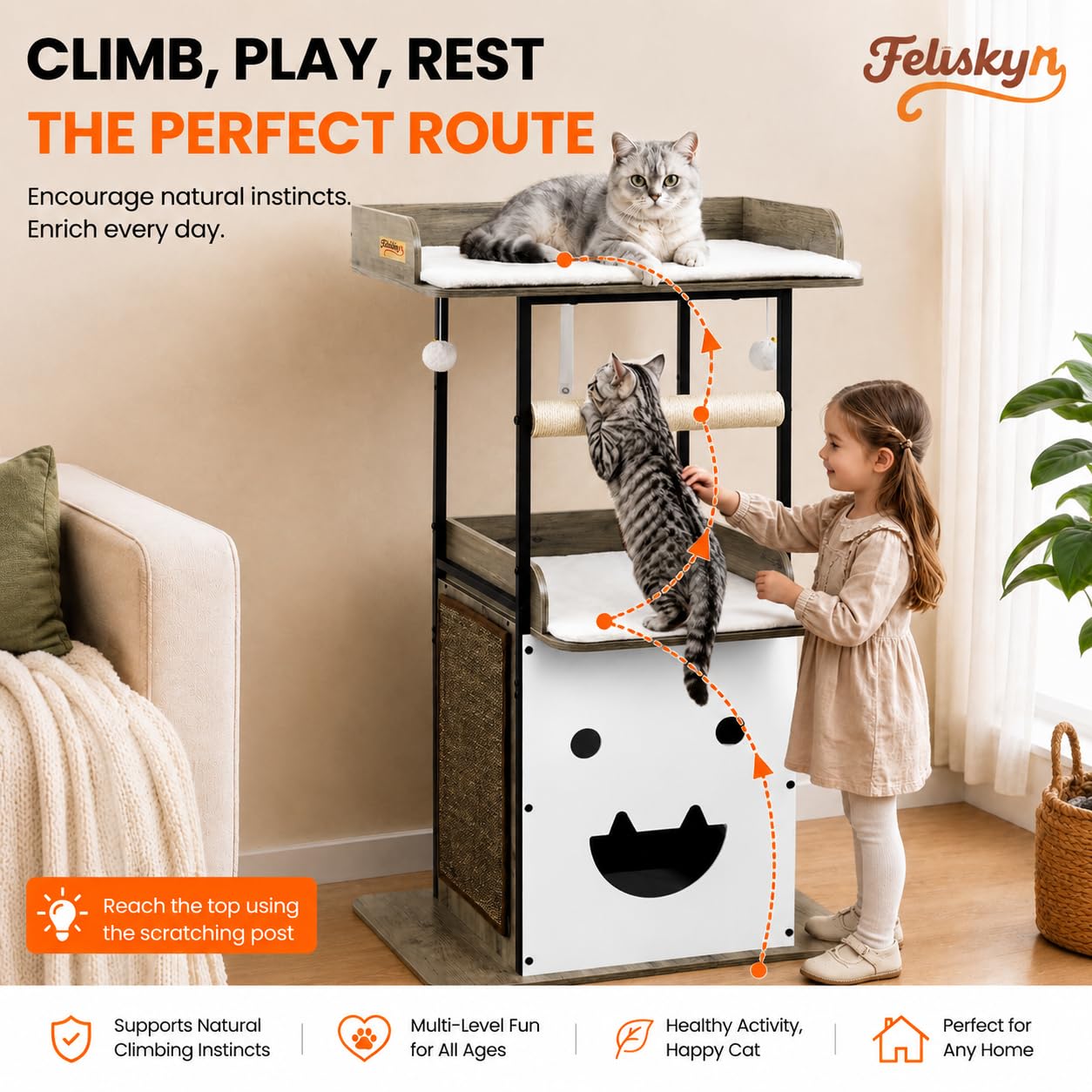 Modern Wood Cat Tree Tall Multi Level Cat Tower Perch Bed
