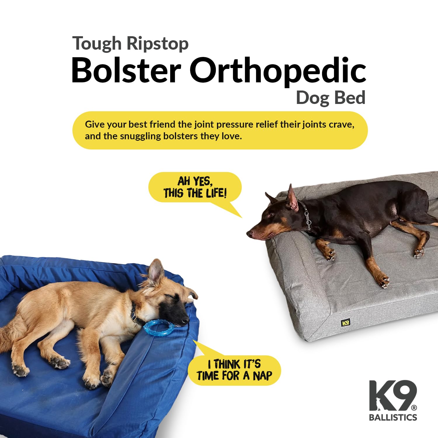 K9 Ballistics Tough Orthopedic Bolster Dog Bed - Washable, Durable and Water Resistant Dog Bed - Made for Small, Medium, Large, XL, XXL Dogs, Colors: Black, Red, Green, Tan, Blue, Lattice..