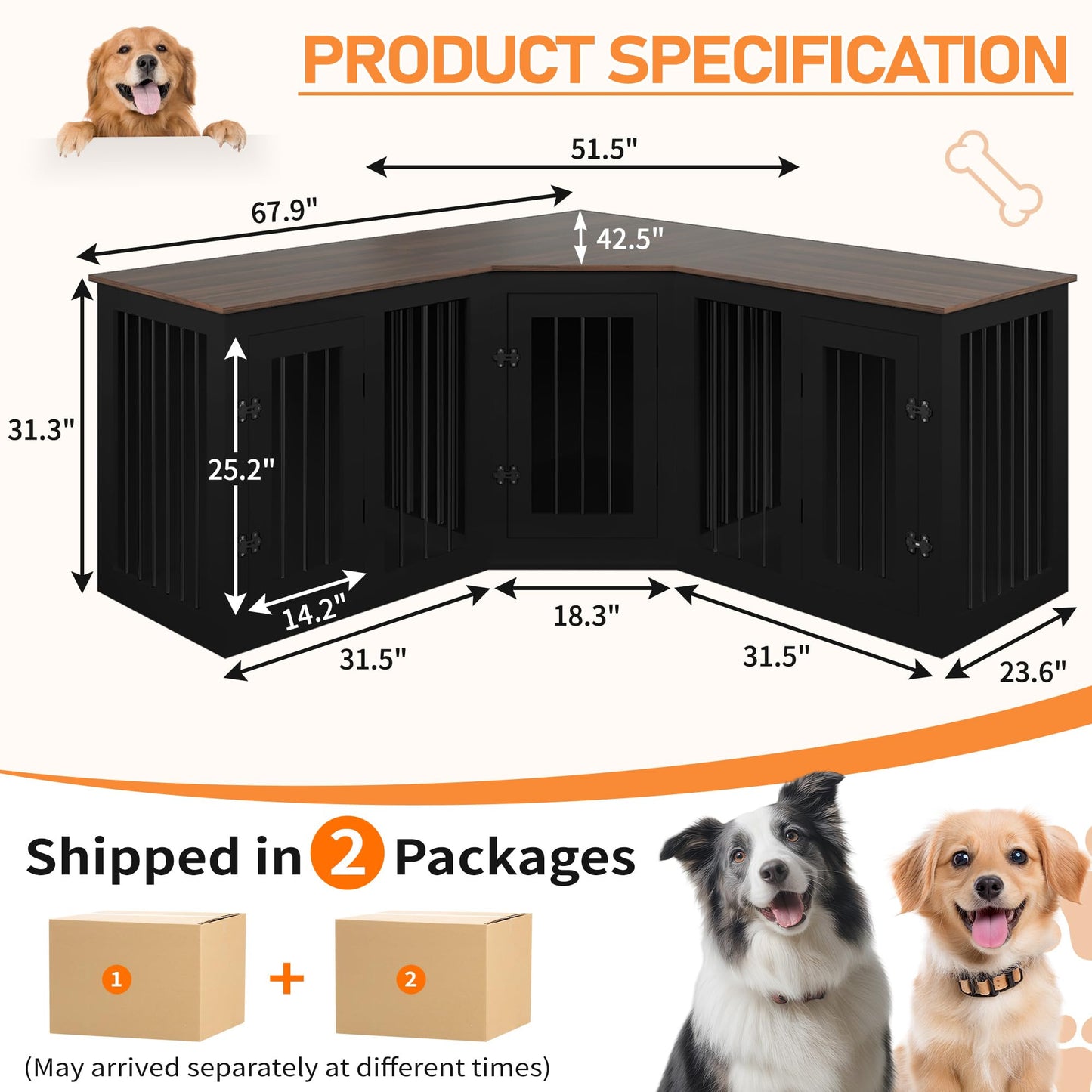 Triple Dog Crate Furniture Indoor Wooden Kennel Large