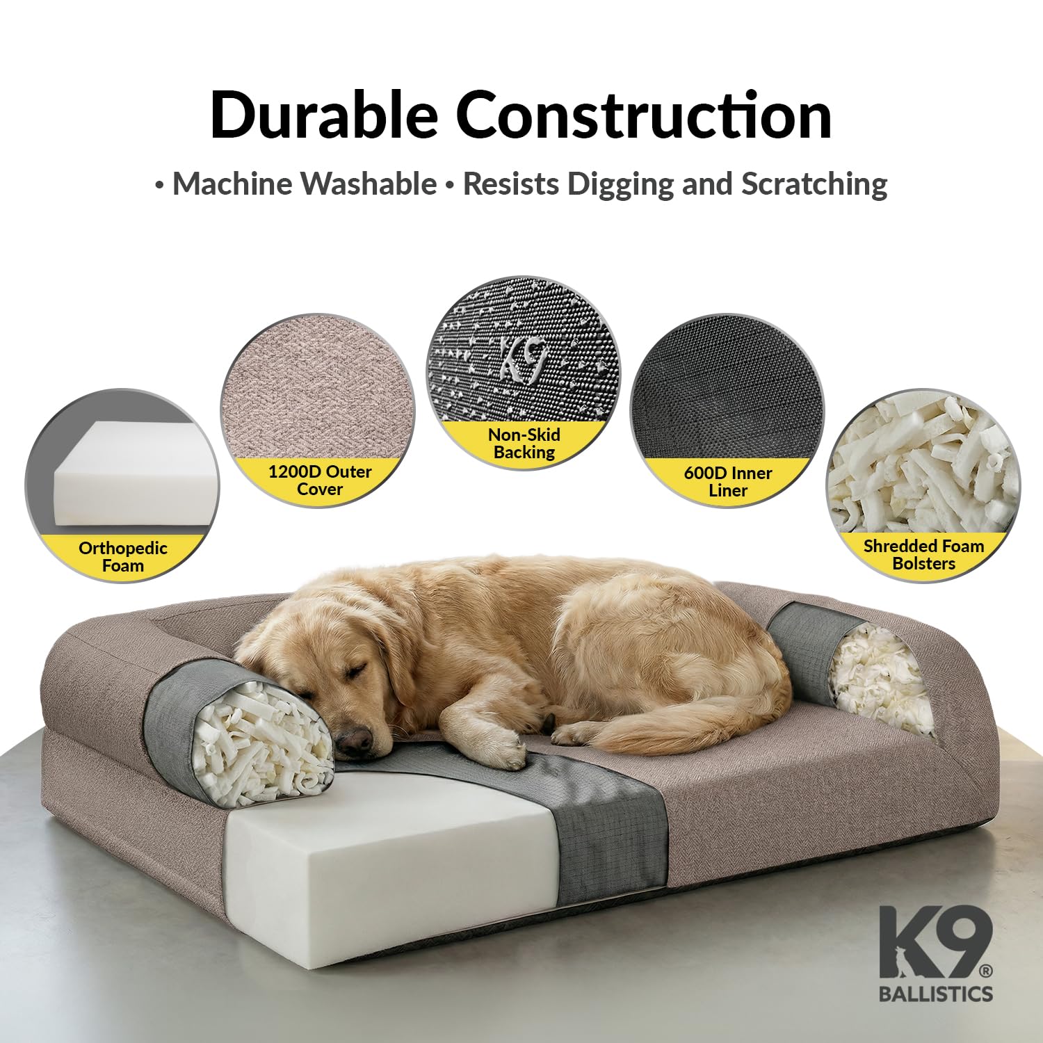 K9 Ballistics Tough Orthopedic Bolster Dog Bed - Washable, Durable and Water Resistant Dog Bed - Made for Small, Medium, Large, XL, XXL Dogs, Colors: Black, Red, Green, Tan, Blue, Lattice..