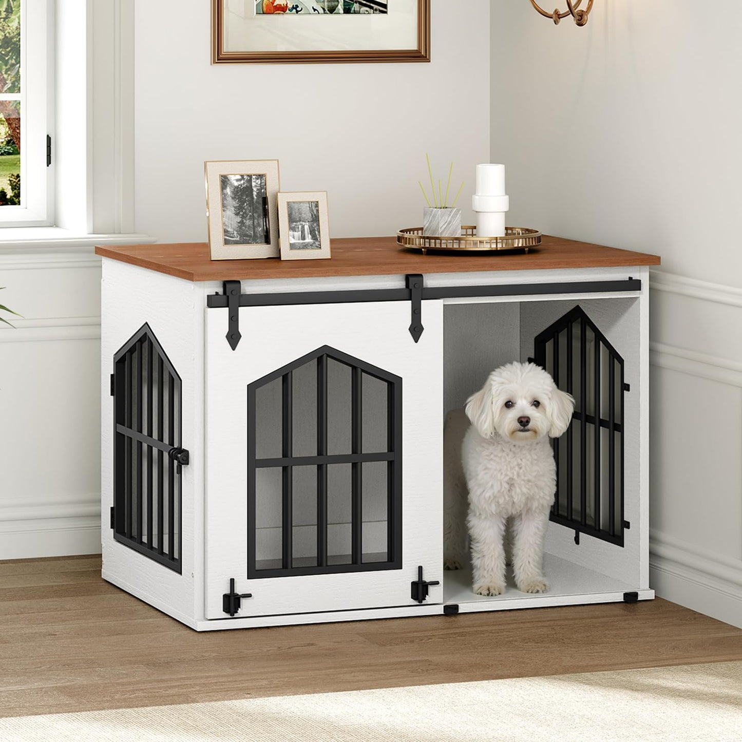 Farmhouse Dog Crate Furniture Sliding Barn Door Wooden Kennel