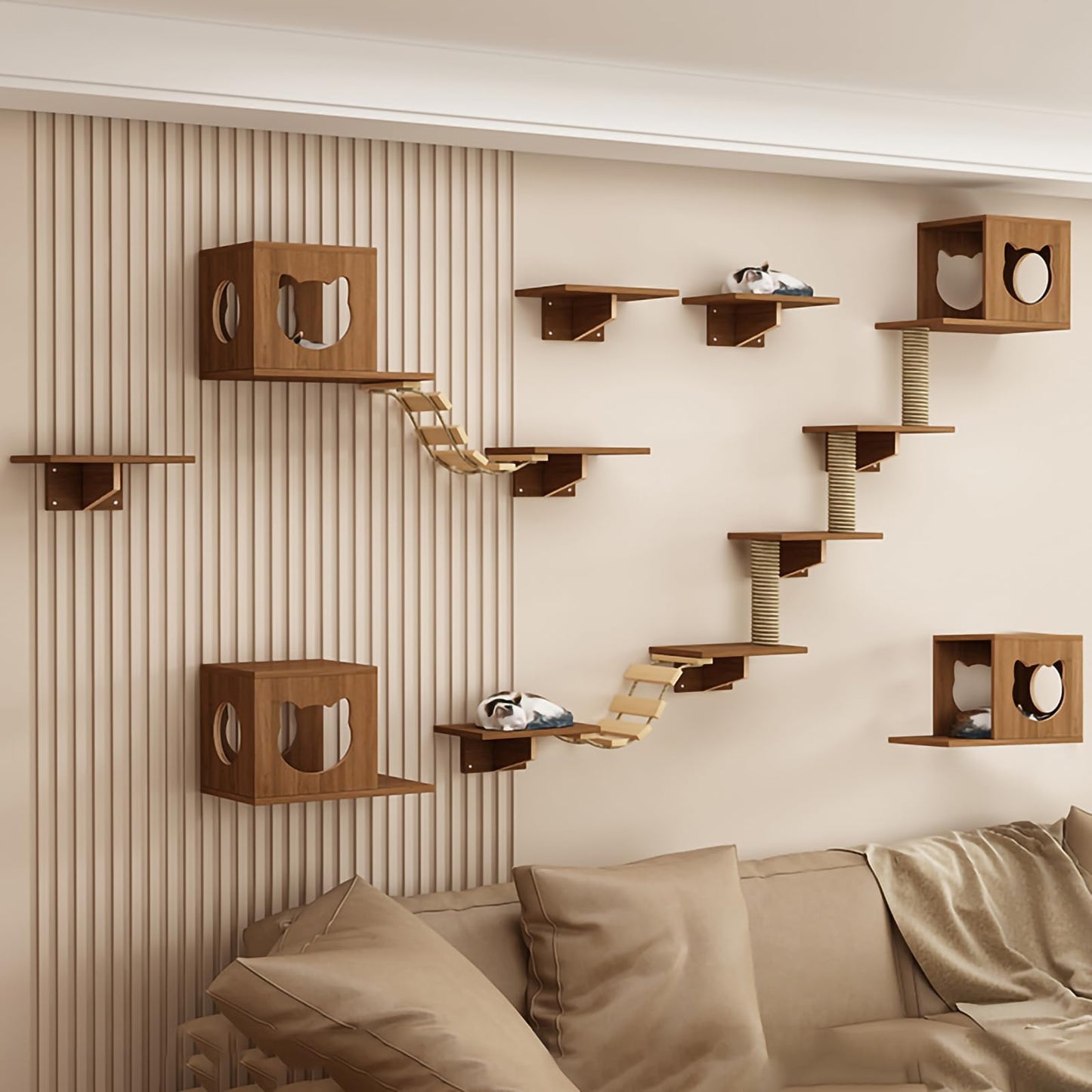 Large Cat Wall Shelves Climbing Set House Ladder Scratcher Wood