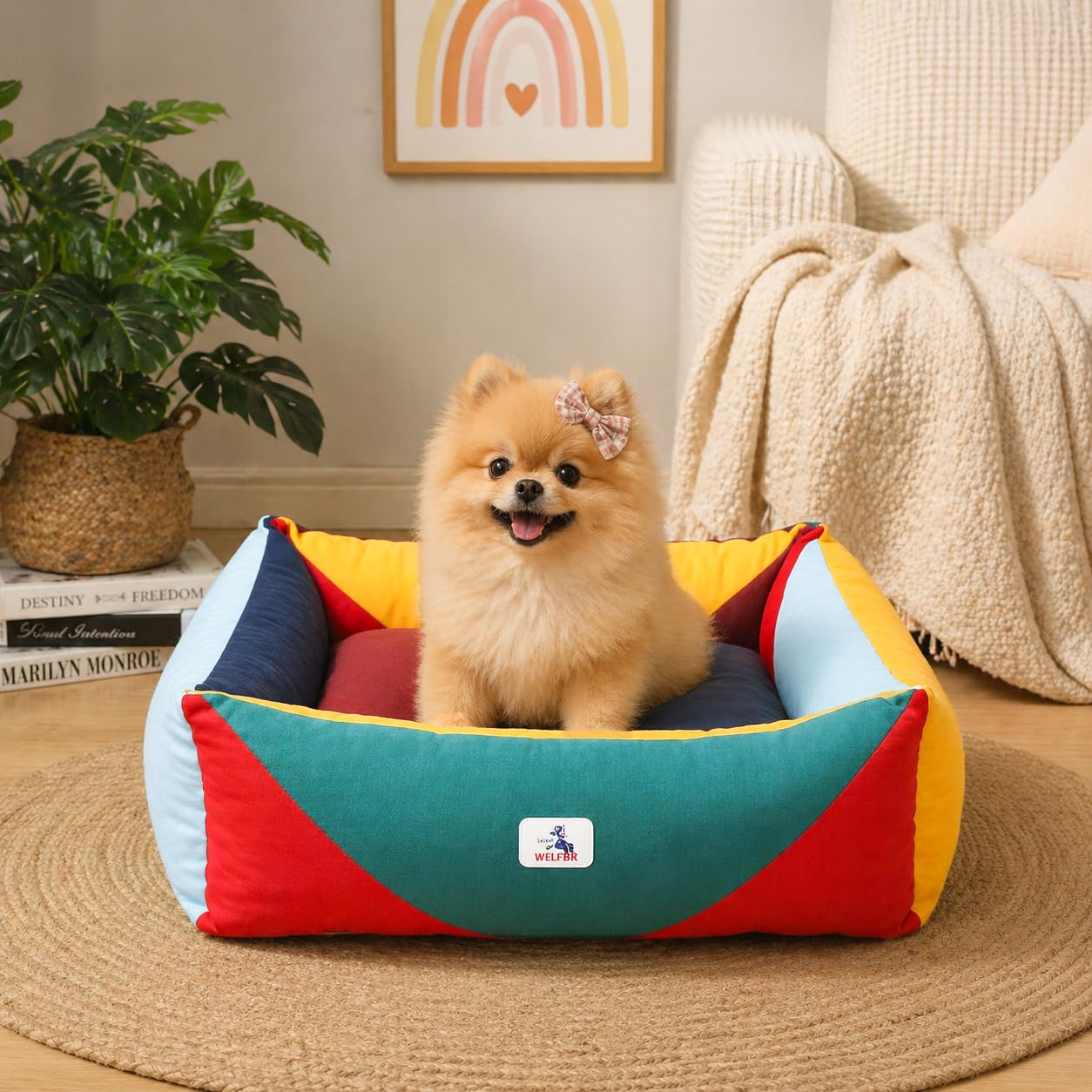 Welfibr Cotton Canvas Dog Bed, Cute Dog Beds, Puppy Bed with Washable Removable Cover, Durable 290 GSM Cotton Anti-Chewing Pet Bed with Anti-Slip Bottom