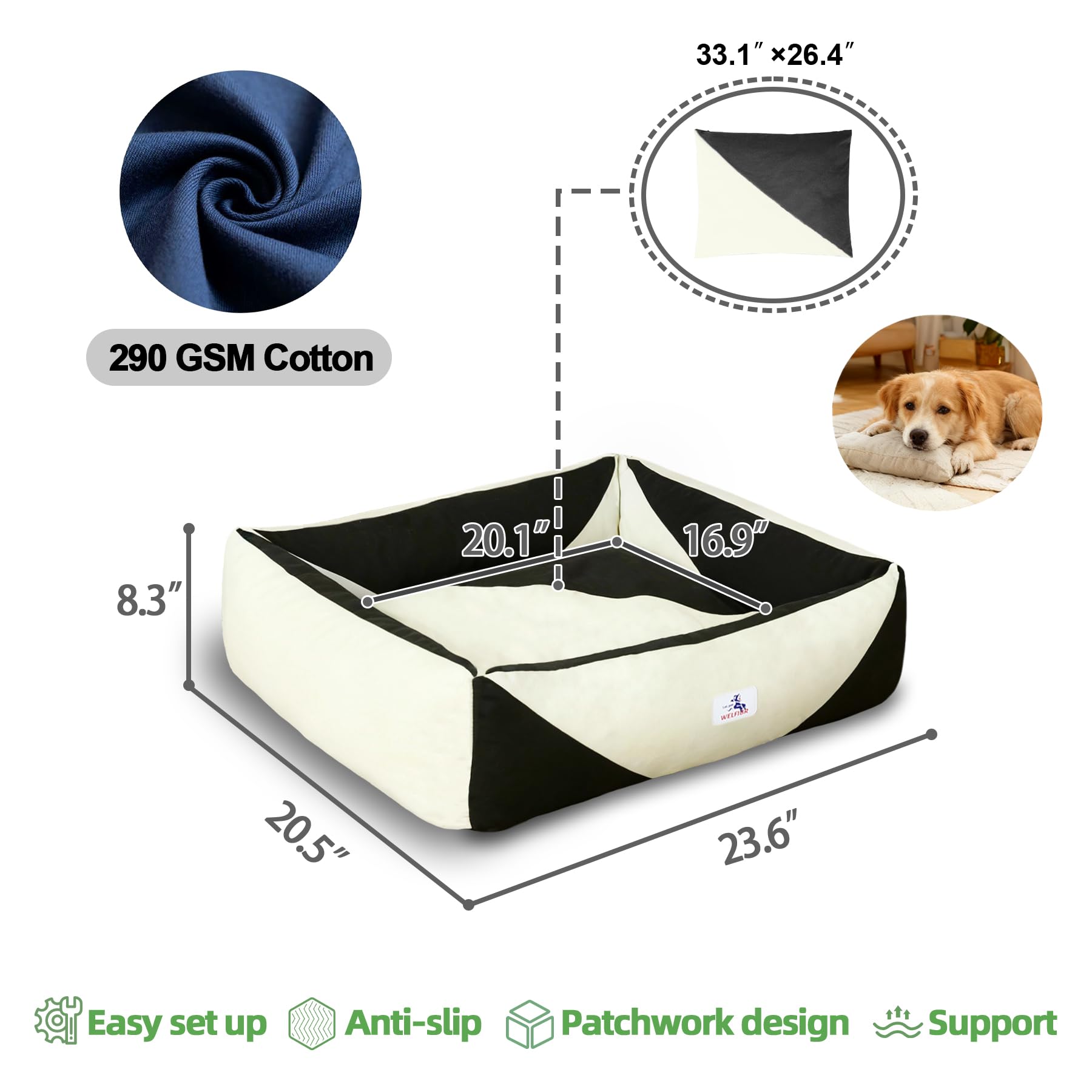 Welfibr Cotton Canvas Dog Bed, Cute Dog Beds, Puppy Bed with Washable Removable Cover, Durable 290 GSM Cotton Anti-Chewing Pet Bed with Anti-Slip Bottom