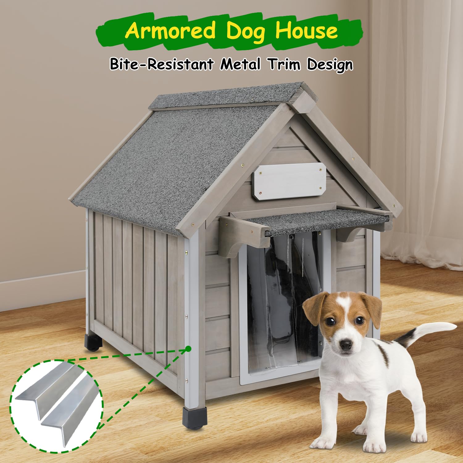 Dog House Outdoor Indoor Waterproof for Small Dog with Anti-Chewing Iron Frame, Raised Feet